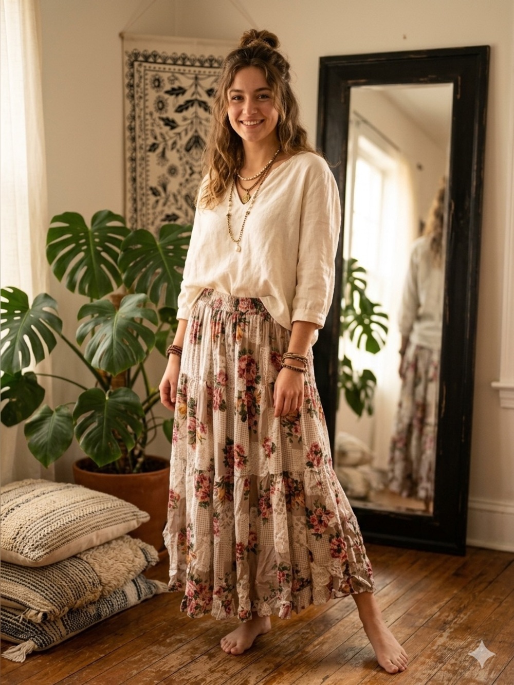 Floral Tiered Maxi Skirt in Taupe and Pink